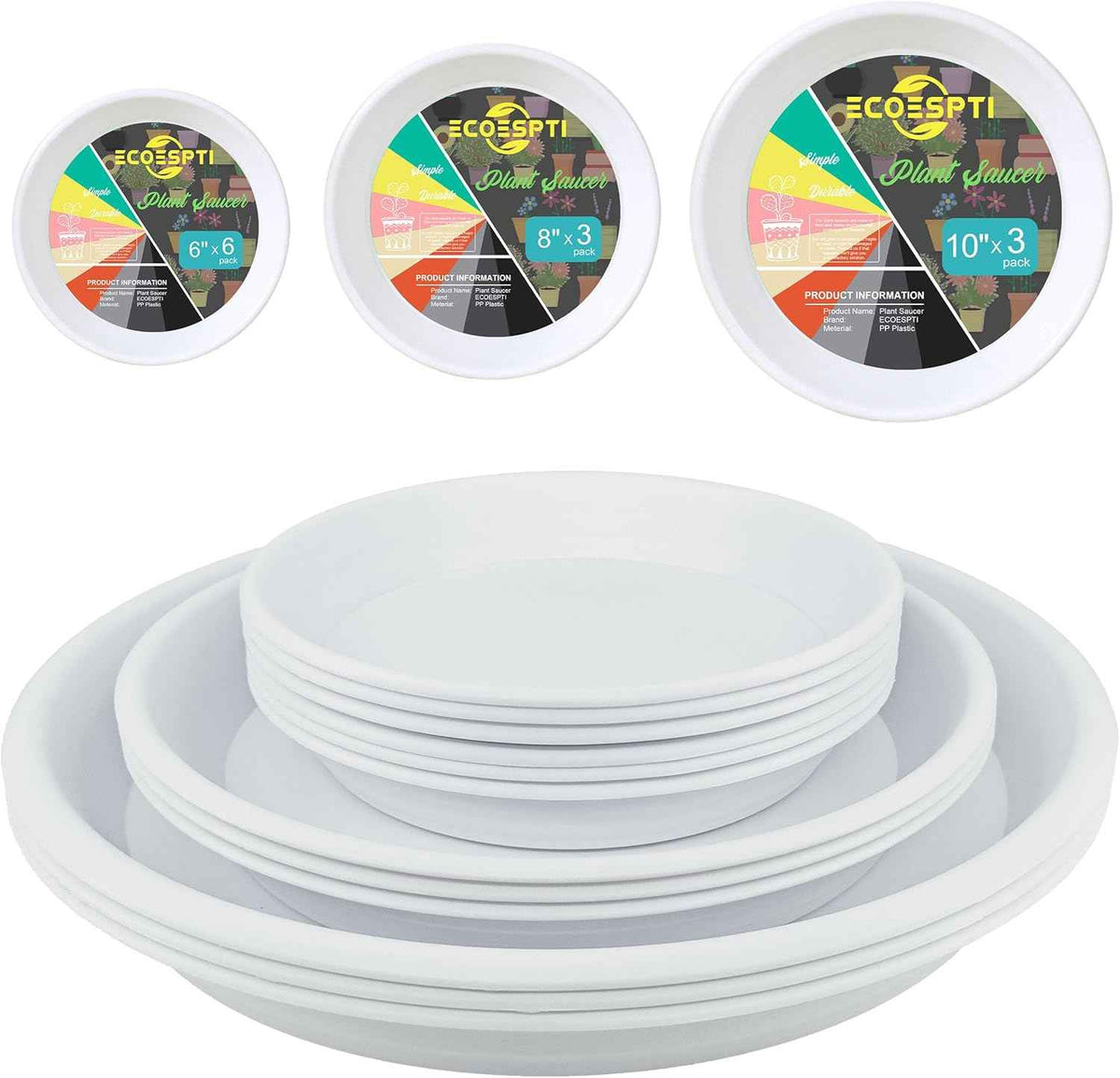 12Pcs Colourful Plant Saucer, 6 8 10 Inch Durable Plastic Plant Tray, Round Plant Pot Saucers, Drip Tray for Indoor and Outdoor Garden, White