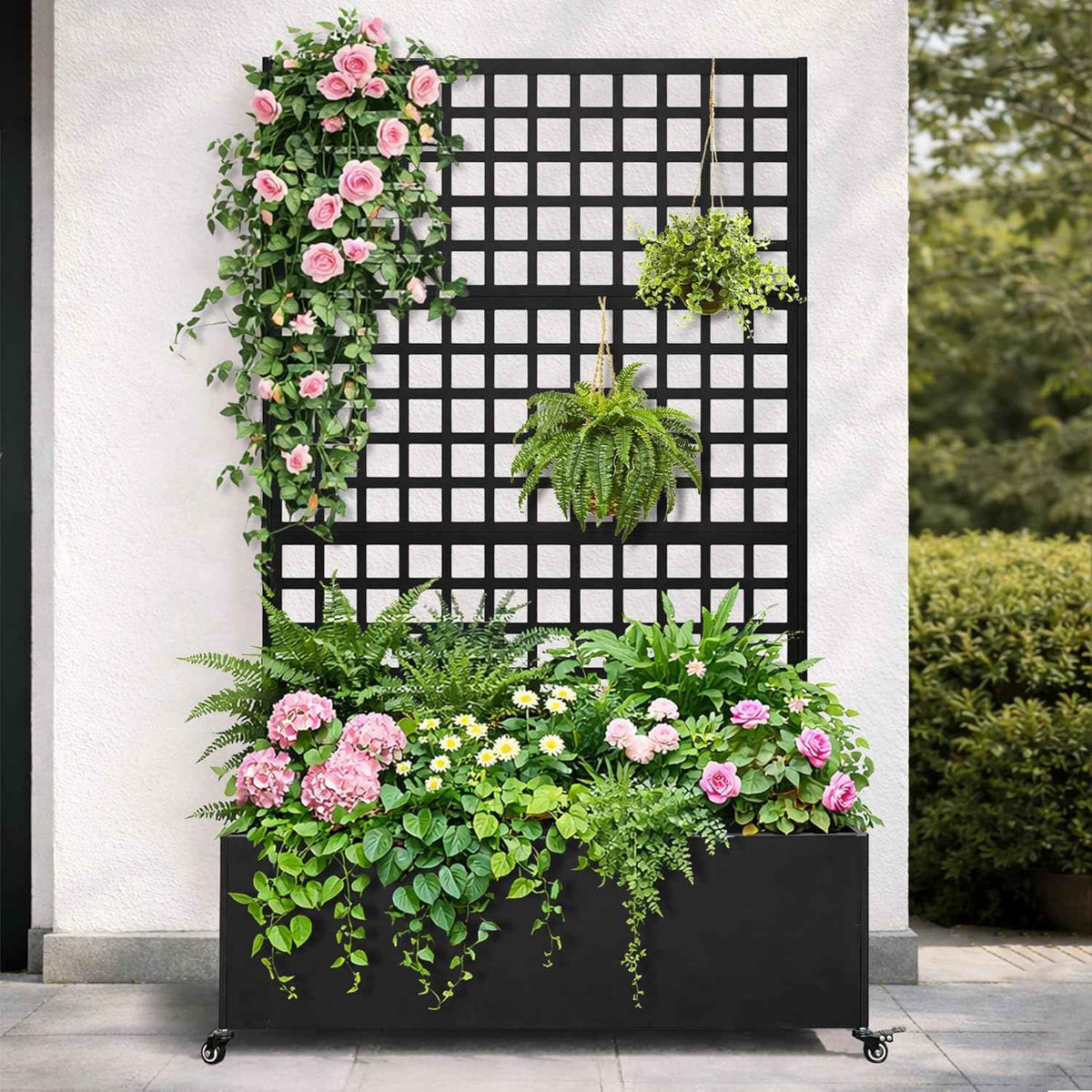 Metal Raised Garden Bed with Grid Trellis and Wheels, 43” L x 16” W x 71” H Privacy Screen for Climbing Plants, Metal Planter Box with Drainage Holes, Black