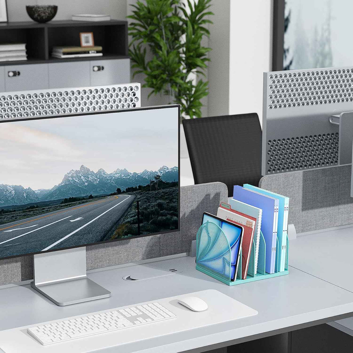 gianotter Desktop File Organizer with 5 Compartments | Desk Organizer Paper Organizer for Desk Workspace Organizers for Office Supplies (Blue, Upright Style)