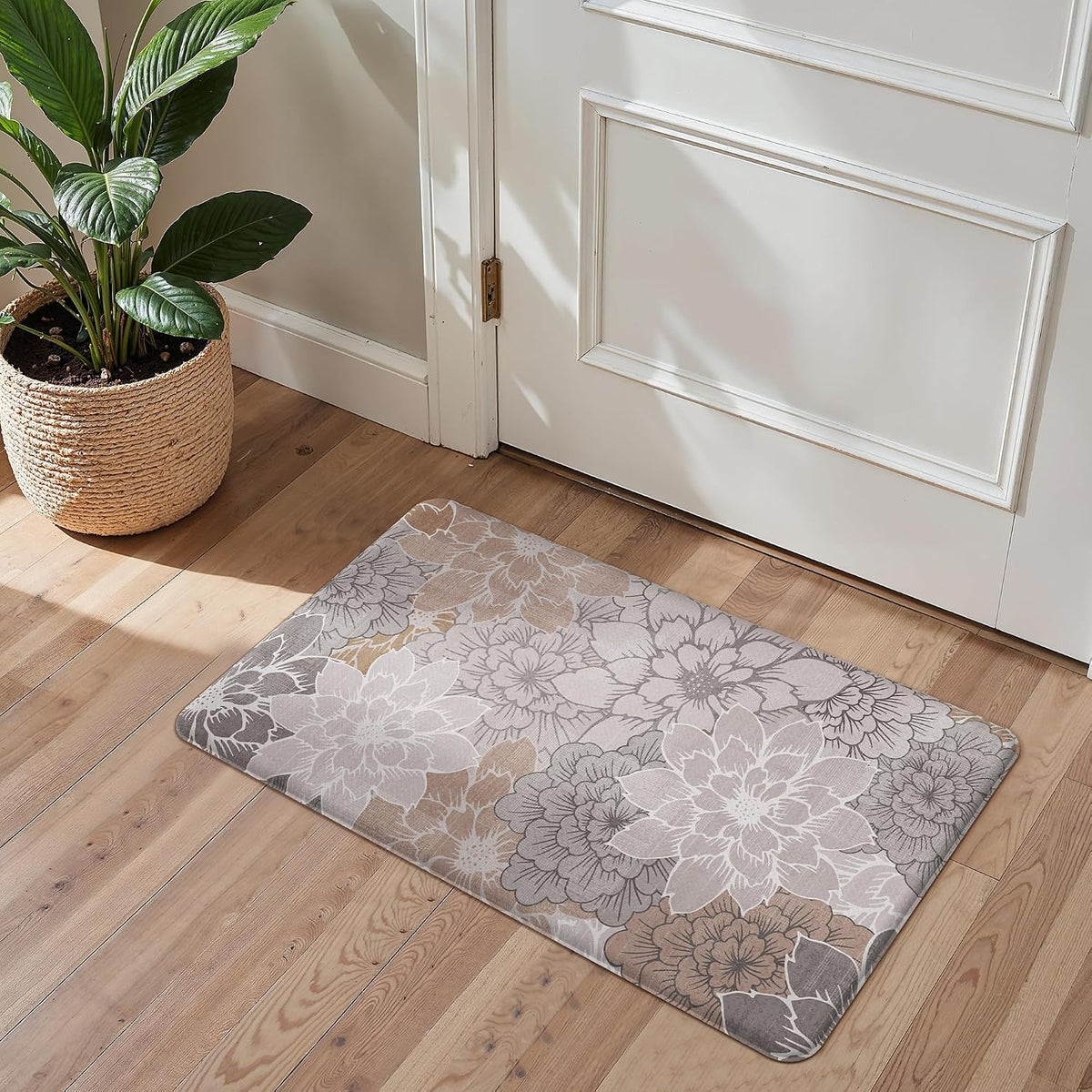 GENIMO Anti Fatigue Kitchen Mats for Floor 2PCS, Cushioned Standing Mats | 17.3"x47"&17.3"x30", Taupe Grey vintage floral rug set, waterproof, non slip, easy-clean for farmhouse
