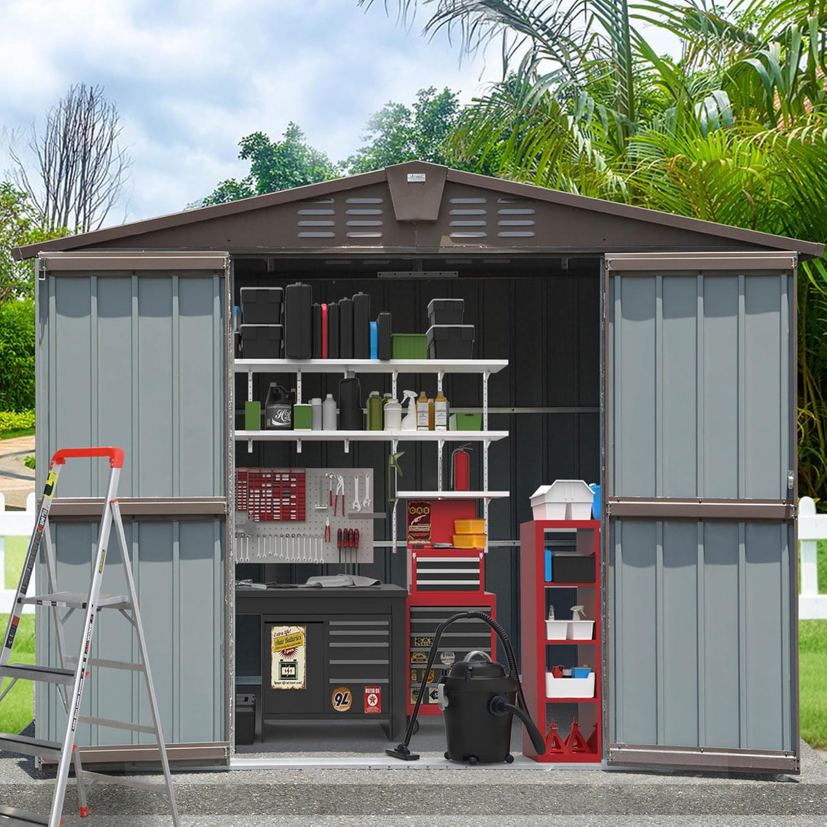 Domi Outdoor Storage Shed 8.2' x 6.2', Metal Steel Utility Tool Shed Storage House with Double Lockable Doors & Air Vents for Backyard Patio Garden Lawn Brown