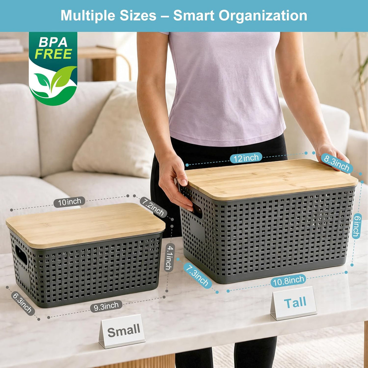 Small Plastic Storage Bins with Bamboo Lids 5.2qt Stackable Box Basket Pantry Decorative Containers Cute with Lable for Organizing Desktop Closet Office Gray of 6 packs 10 * 7.2 * 4.1" - Field & Nook