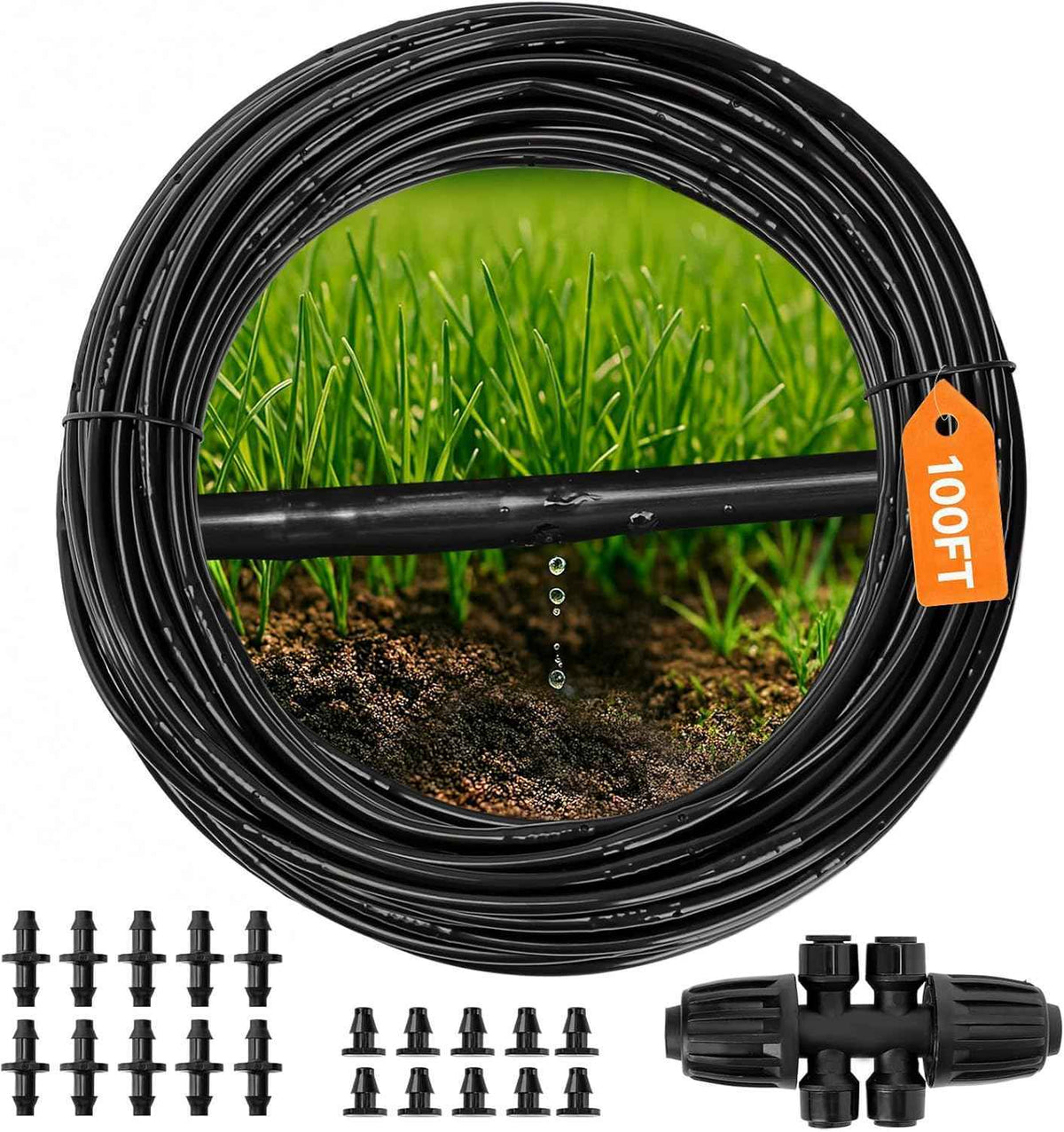 MIXC 1/4" Irrigation Dripline Tubing (100 Ft Roll), Saving 80% Water, 6" Emitter Spacing, 0.5 GPH Emitters Built-In Drip Irrigation Line with 1/4" Fittings Included, Black