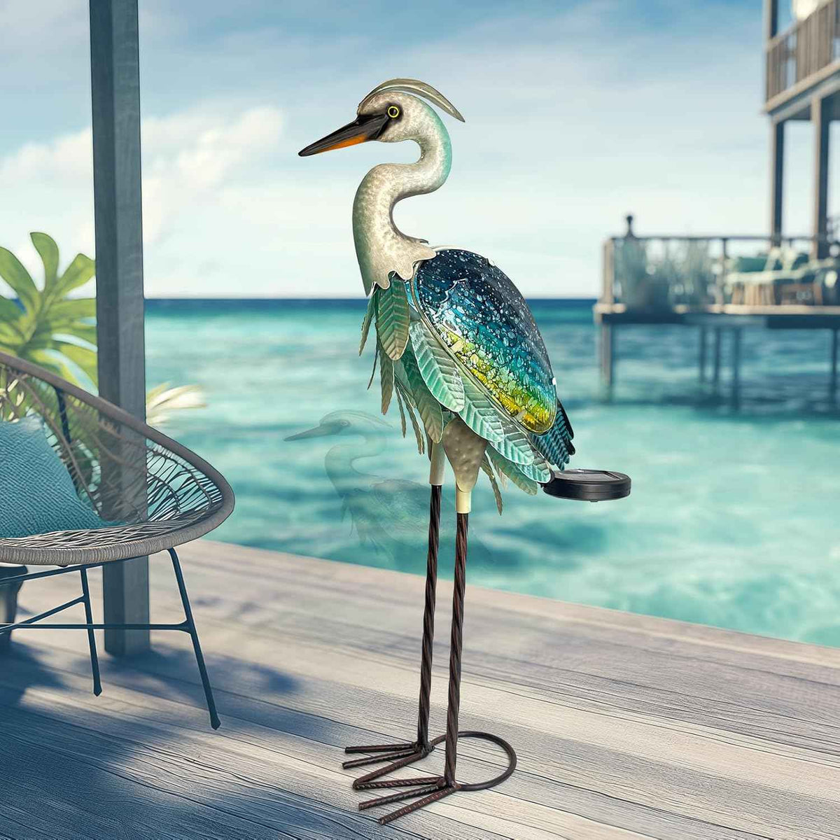 HONGLAND Solar Heron Metal Crane Statue Garden Heron Sculpture, Glass Outdoor Crane Yard Art Coastal Ocean Bird Decor 24 Inch Lawn Ornament for Backyard Porch Patio Decor(Green)