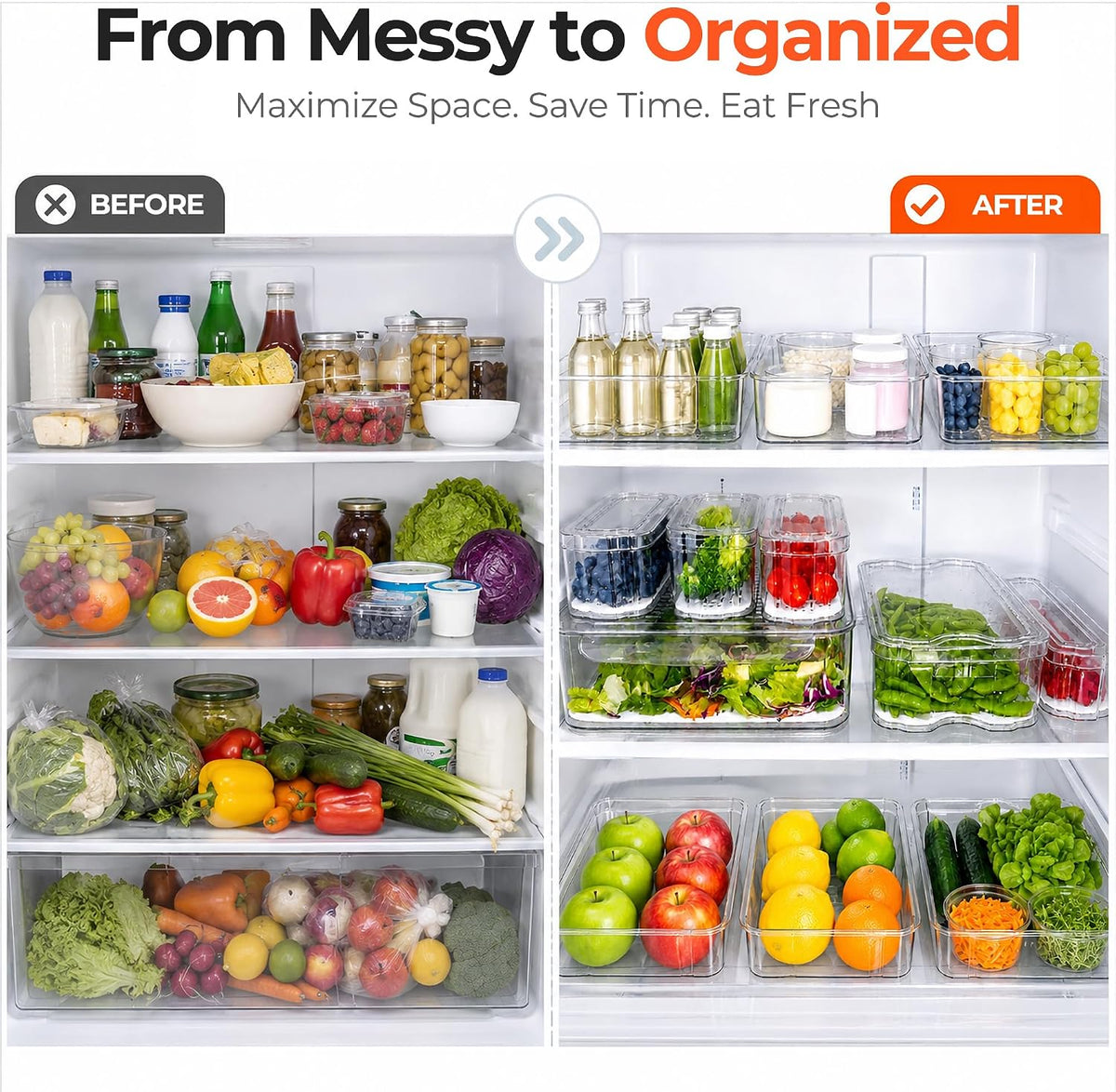 SMRCAD Clear Fridge Bins with Drain Trays - BPA-Free PET, Stackable(6 Pack) | 6 Pack: 1 Drawer + 5 lidded Bins, Helps Keep Produce Fresh, 16.3L Capacity, Hand Wash Only - Field & Nook