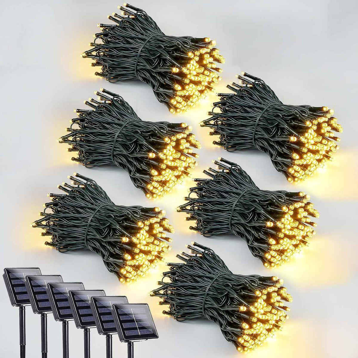 6 Pack 600 LED Solar String Lights for Outside, Solar Christmas Lights Outdoor with 8 Lighting Modes, Waterproof Green Wire Solar Powered Tree Light for Xmas Party Yard Garden Decorations (Warm White)