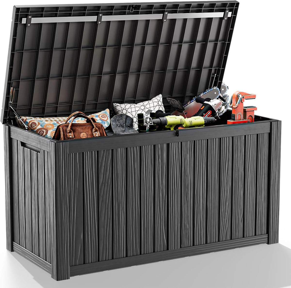 150 Gallon Outdoor Deck Box,Storage Lockable Waterproof Patio Furniture,Garden Tools,Cushions,Pool Accessories Outside Storage Resin Box(Black)