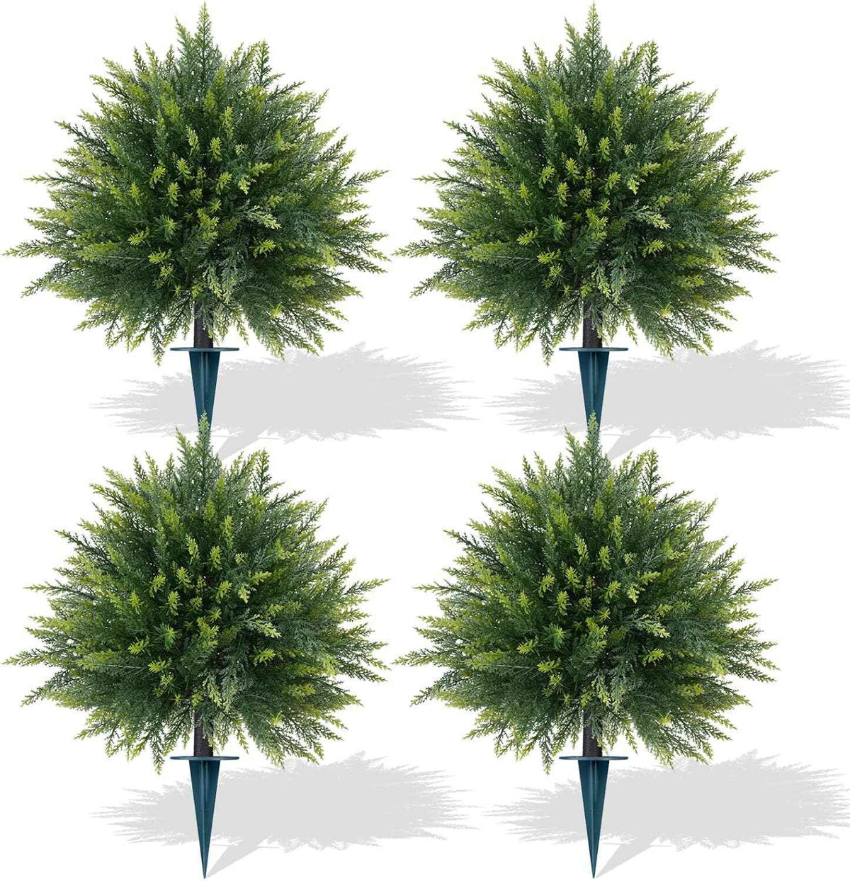 Artificial Cedar Topiary Trees with Ground Spike, 4 Pieces Fake Pine Shrubs Bushes, UV Resistant Faux Evergreen Cypress Tree Plants for Indoor Outdoor Planters Front Porch