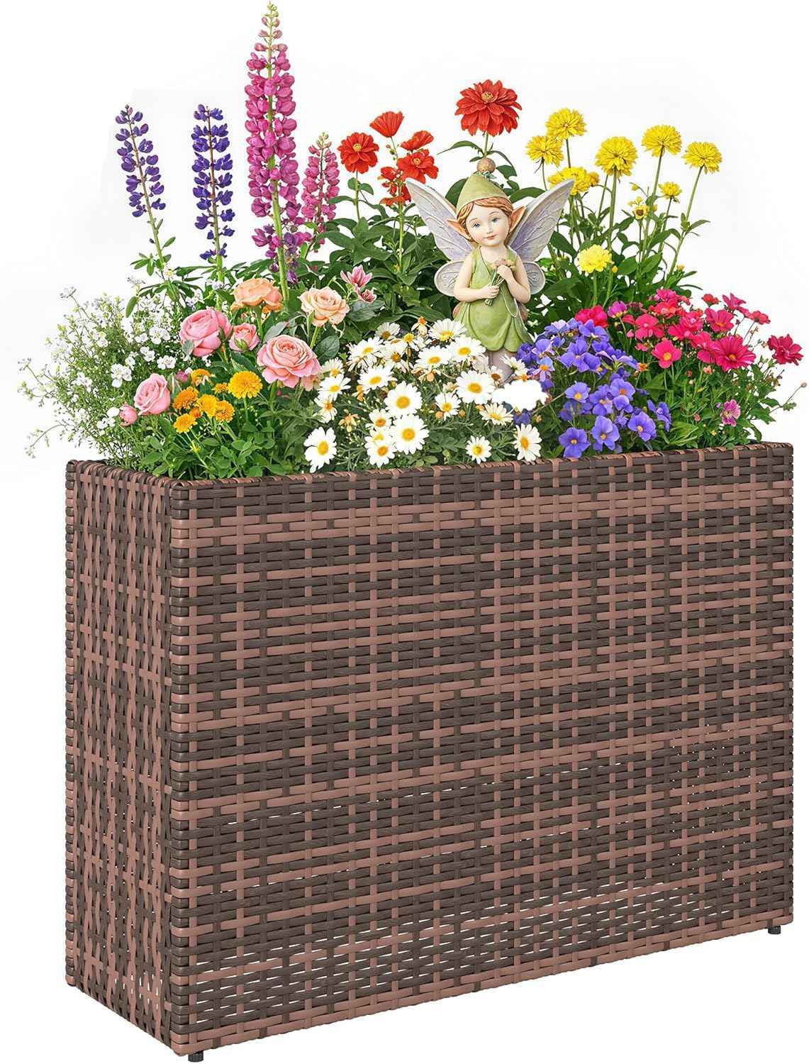 Outsunny Tall Rectangular Planter with Removable Liner, PE Wicker Large Planters for Outdoor Plants, Freestanding Indoor Outdoor Planter Box with Drainage Holes for Flowers, Vegetables, Brown