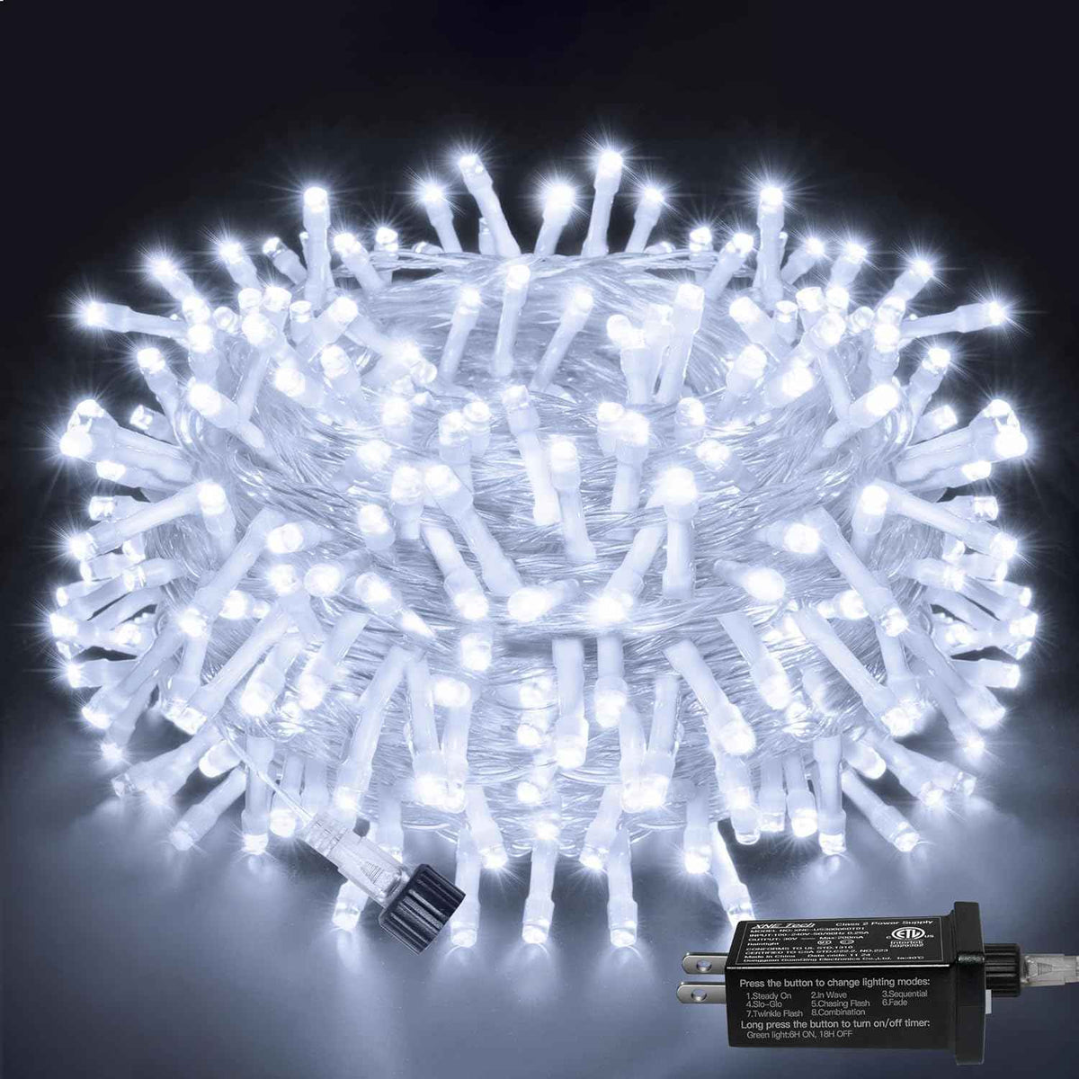 Ollny String Lights Indoor 200LED 60FT, Cool White Connectable Plug in LED Outdoor Light, 8 Modes Waterproof Timer Christmas Lights for Outside Bedroom House Party Wedding Camping