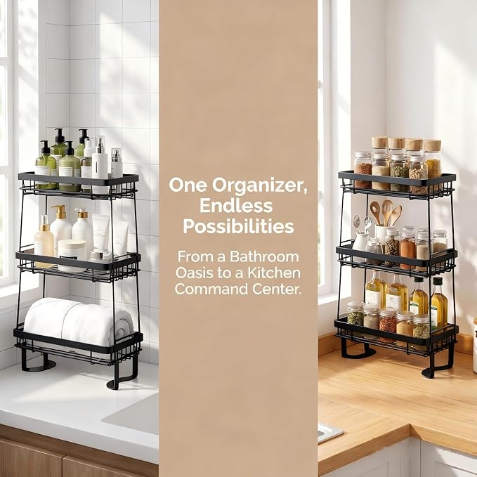 Over-the-Toilet Storage Rack – 3-Tier Shelf with Hooks