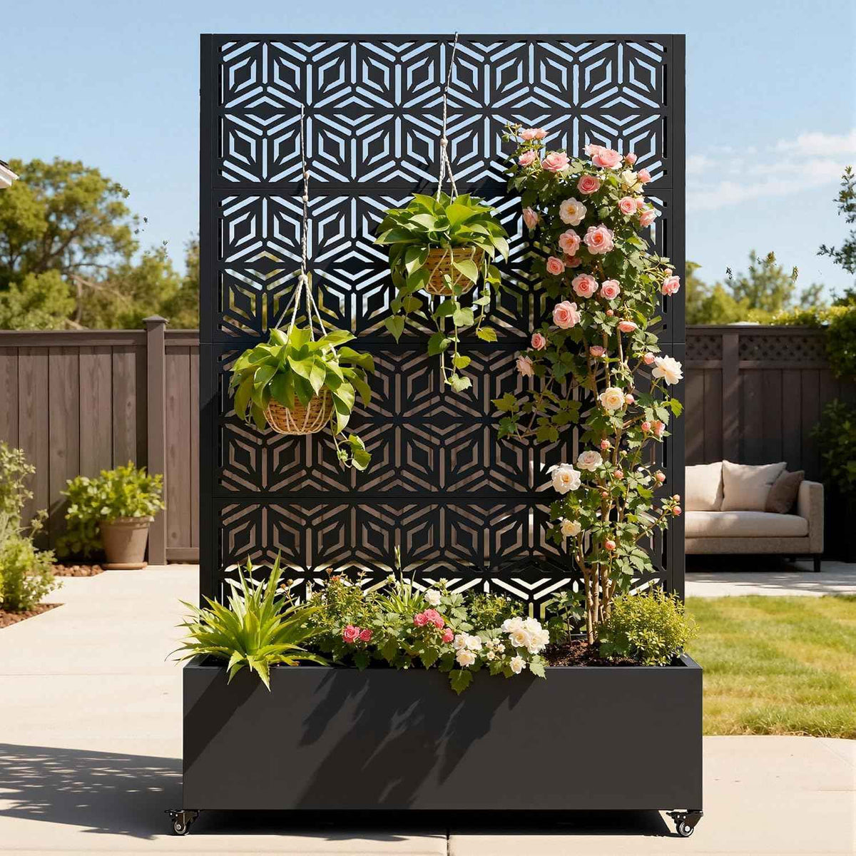 Metal Planter Box with Trellis, Galvanized Steel Raised Garden Bed with Privacy Screen, Lockable Casters, 73"x47"x16" Planter with Drainage Holes for Outdoor Climbing Plants, Vegetables, Patio