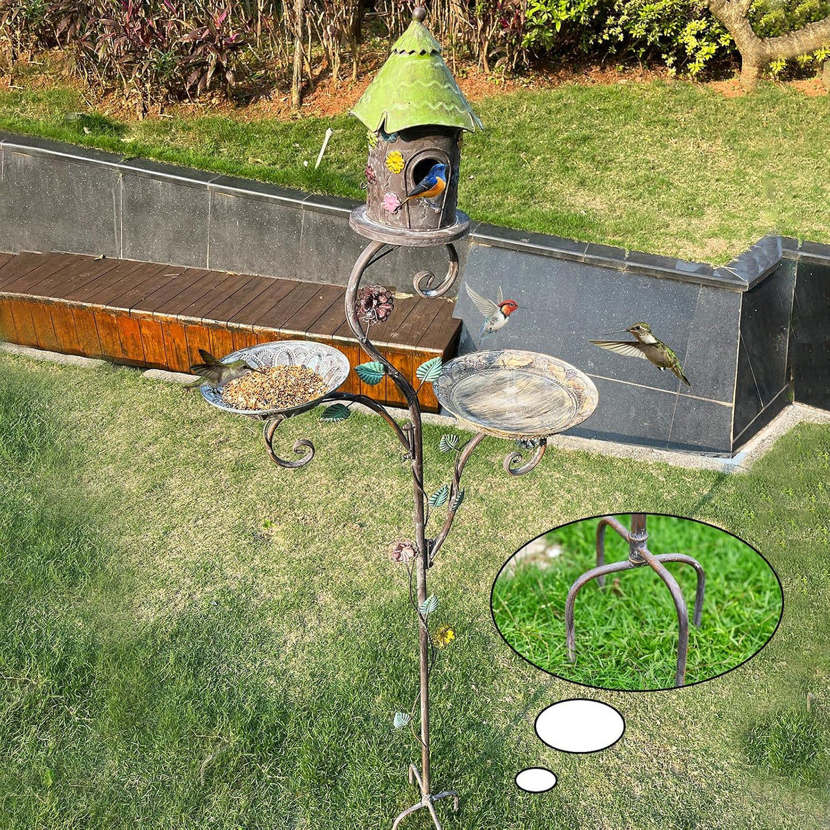 71" H Bird Baths for Outdoors, Bird Baths and Bird Houses with Pole, Metal Bird House Stake, Standing Bird Feeder and Bath Combo, Tall Birdbath with 4-Prong Stake for Outside Garden Decor