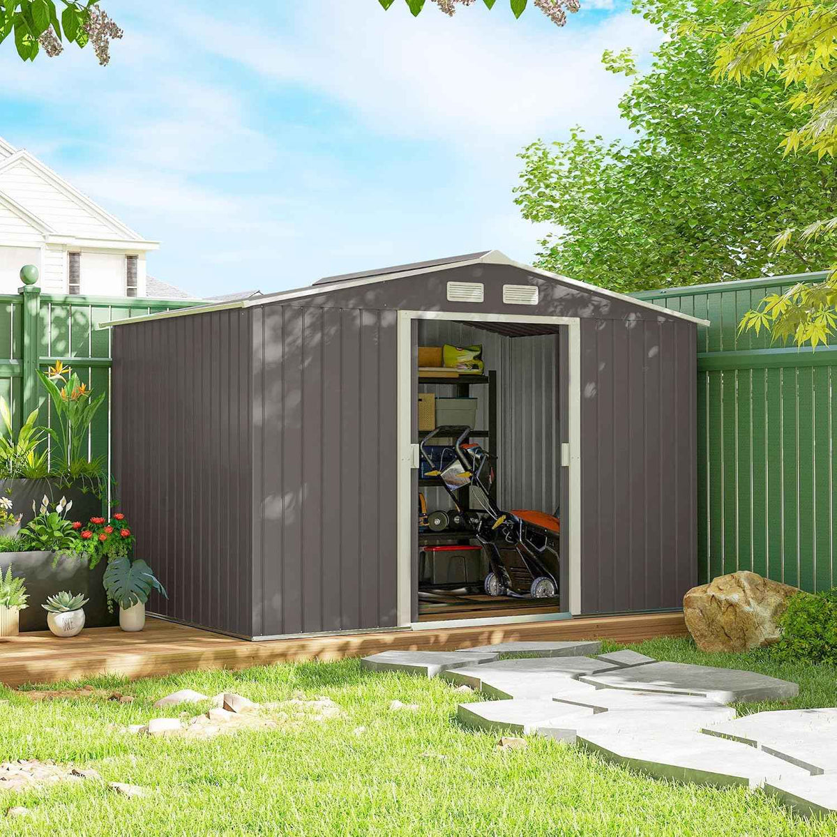 Outsunny 9' x 6' Outdoor Storage Shed, Garden Tool Metal Shed with Foundation Kit, Double Lockable Door, Air Vents and Sloping Roof, for Backyard, Patio, Lawn, Gray