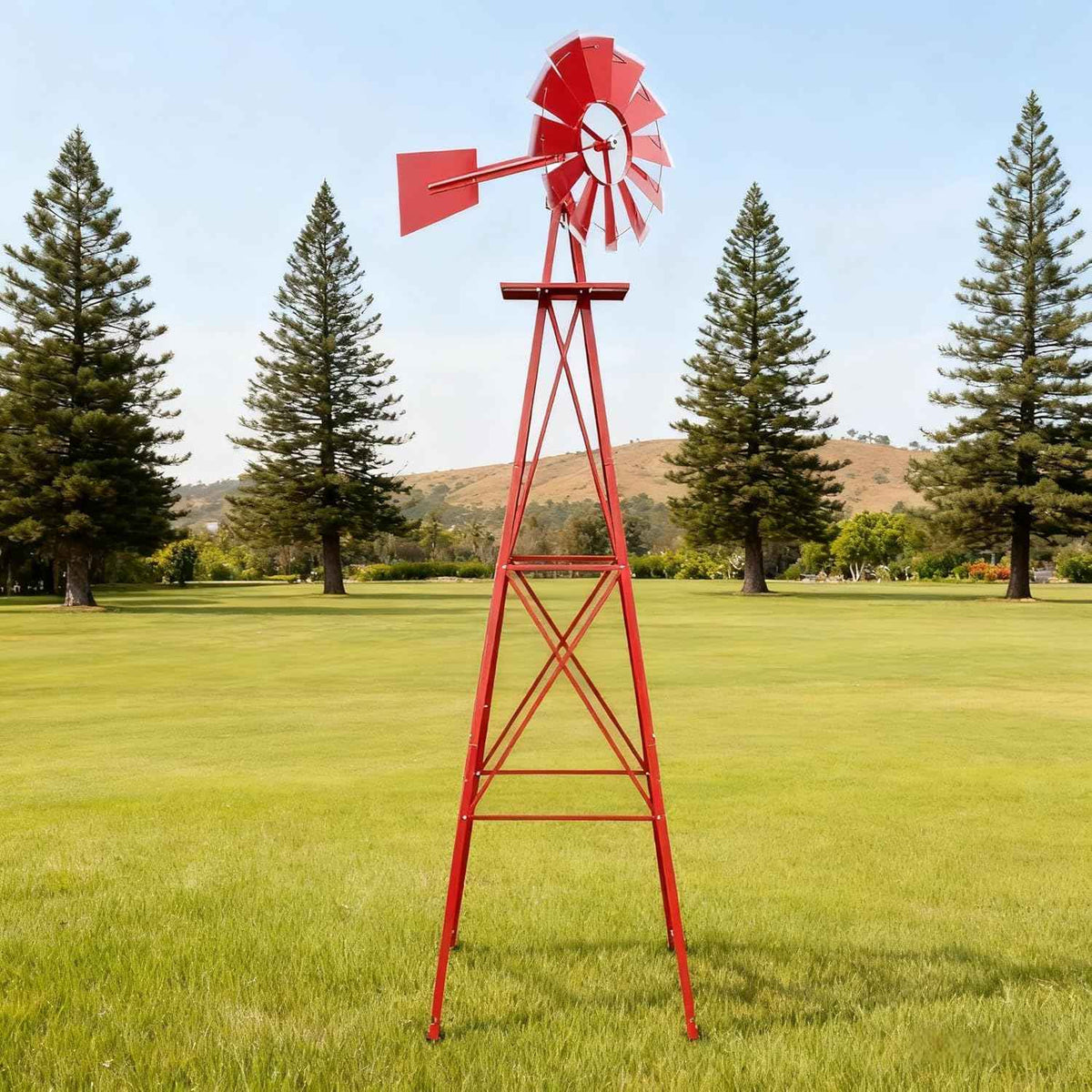 8FT Windmill for Yard Garden Decoration with Weather Vanes,Heavy Duty Outdoor Wind Mills, Large Metal Outdoor Windmill,Weather Resistant,Red