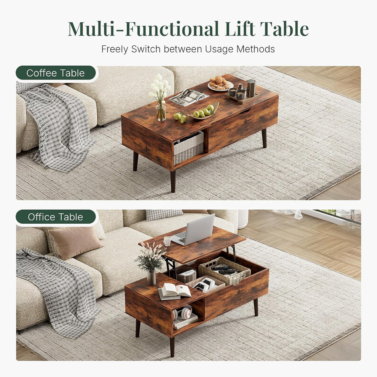 Coffee Table with Hidden Storage, Rustic Brown