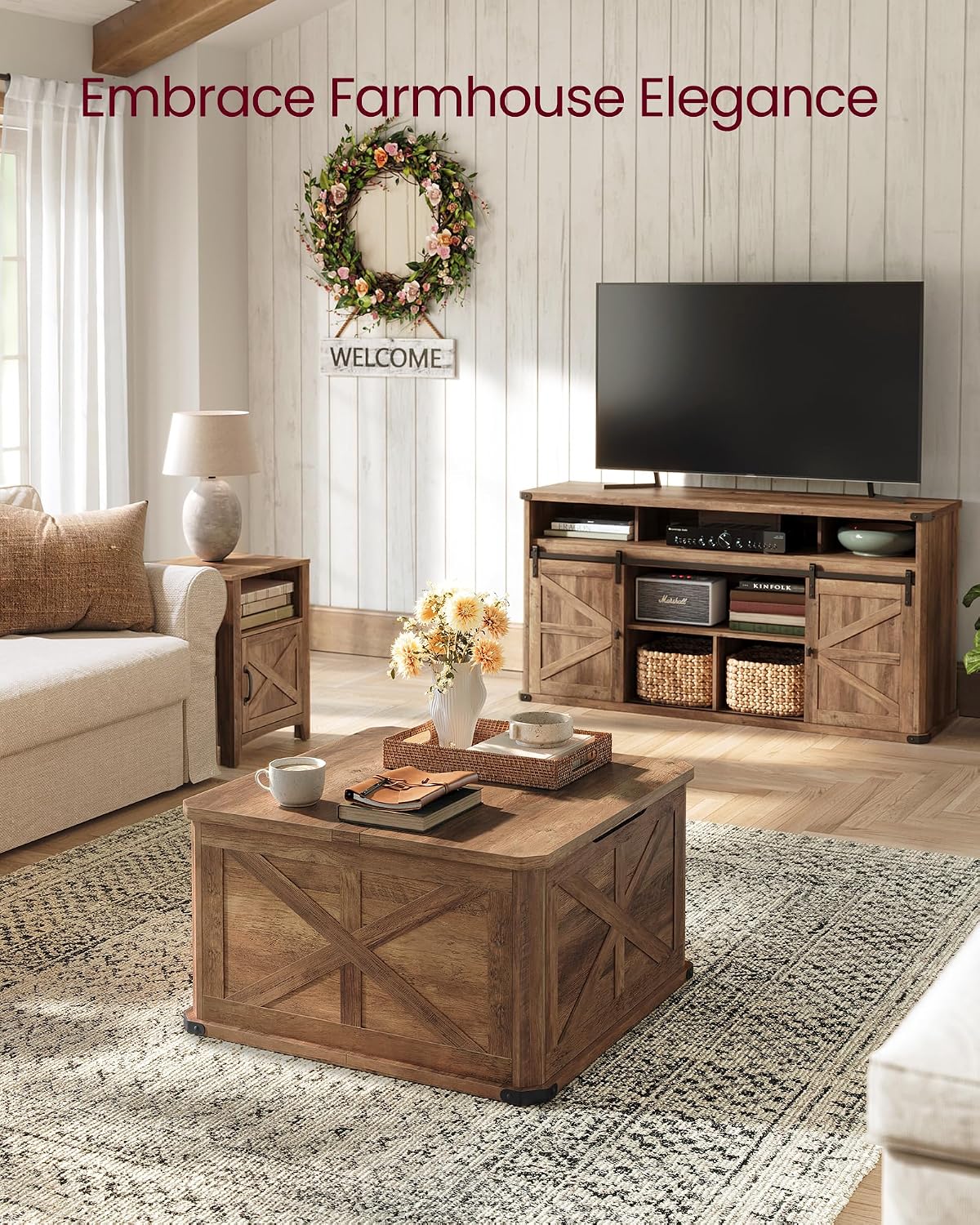 VASAGLE LIRY Farmhouse Coffee Table with Storage, Honey Brown