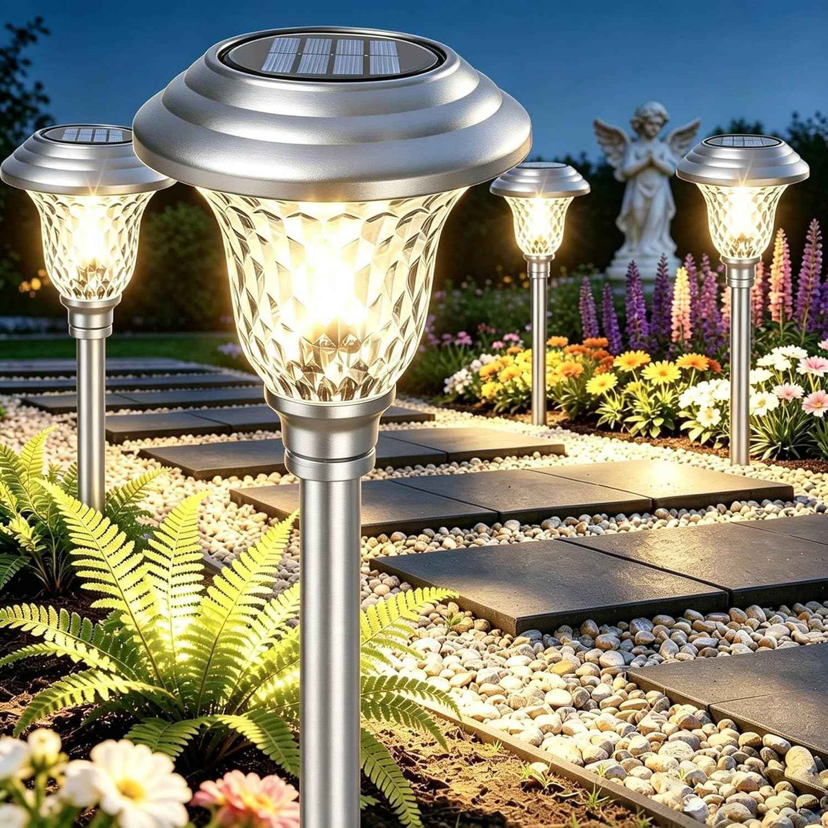 Beau Jardin 4 Pack Solar Pathway Lights White+ Color Changing Stainless Steel 3 Mode Outdoor Multicolor Metal Solar Powered Waterproof Glass for Garden Landscape Path Yard Walkway Driveway Silver
