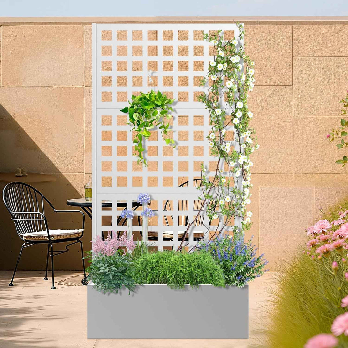 Metal Planter Box with Trellis, Heavy-Duty Raised Garden Bed for Climbing Plants, Drainage Hole, Outdoor Planter Box with Privacy Screenďź35''LĂ16''WĂ71''H