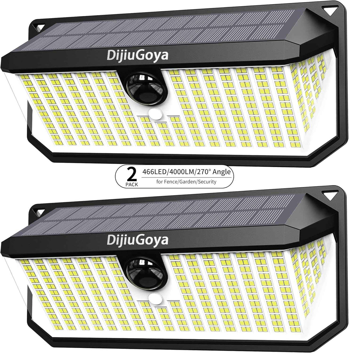 466LED 4000Lm Solar Lights Outdoor Waterproof for Security, 270° Angle & 3 Lighting Modes Motion Sensor Outdoor Lights IP68 Solar Light for Fence Garden Backyard Flood Dusk Garage 2pack