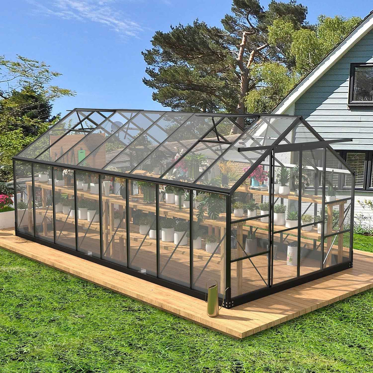 Polycarbonate Greenhouses, 8x16 FT Green Houses for Outside with Adjustable Roof Vents, Walk-in Aluminum Frame Greenhouse, Windproof, Garden, Backyard Outdoor (8x16FT)