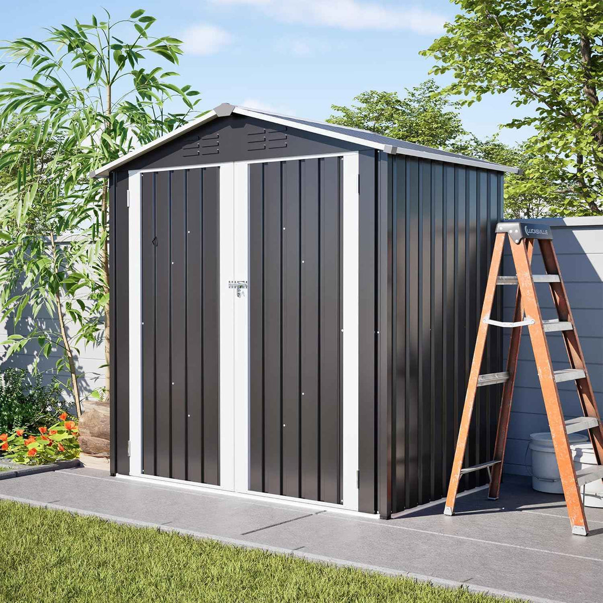6'x4' Outdoor Storage Shed, 6x4 FT Galvanized Metal Garden Shed with Lockable Double Door & Floor Base, All-Weather Utility Tool Shed with 4 Vents for Backyard, Patio, Lawn, Gray