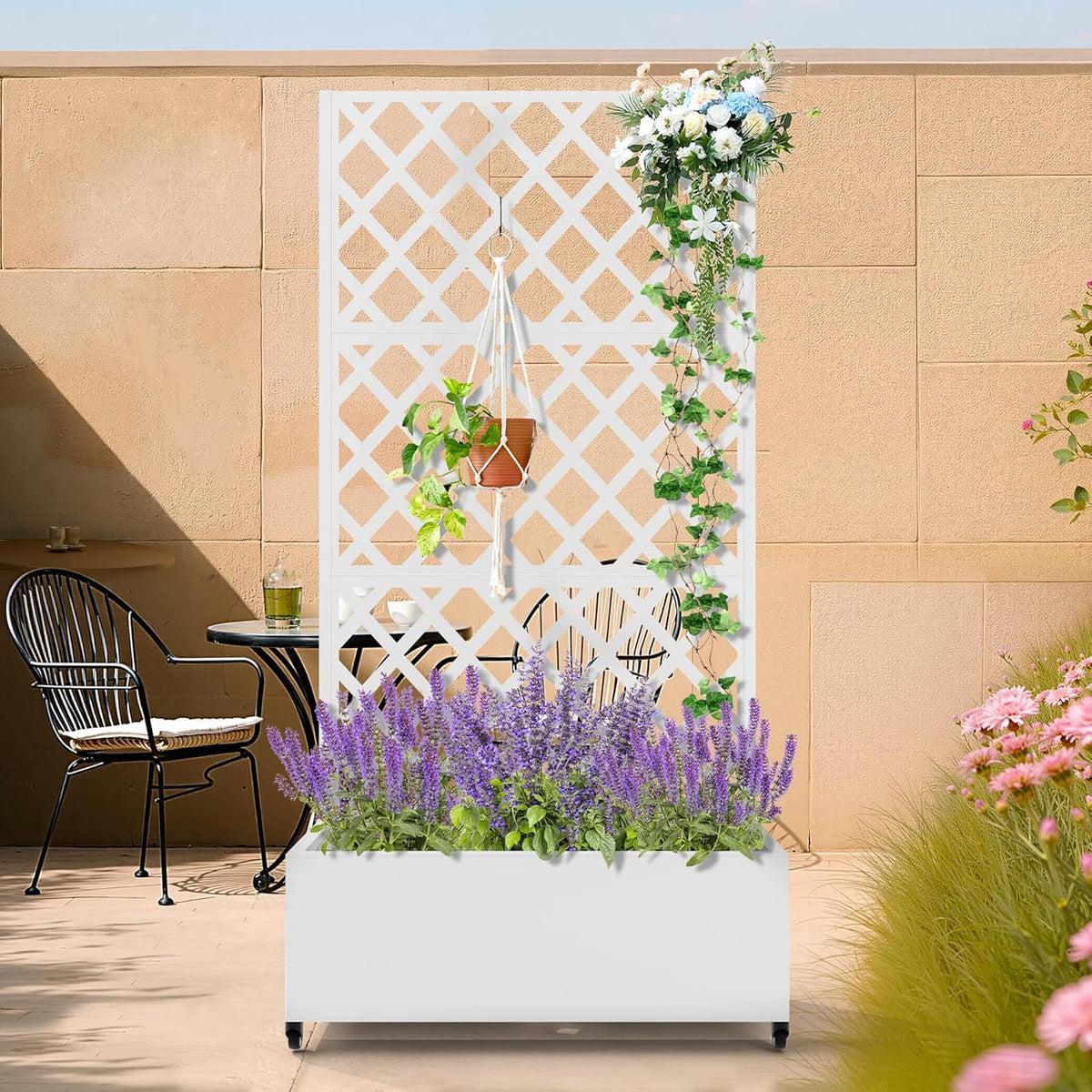 Metal Planter Box with Trellis, Heavy-Duty Raised Garden Bed for Climbing Plants, Drainage Hole, Outdoor Planter Box with Privacy Screenďź35''LĂ16''WĂ71''H