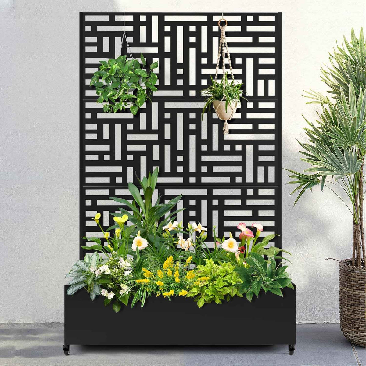 FENCY Metal Raised Garden Bed with Wheels and Trellis,73"x47"x16" Planter Box for Climbing Plants, Vegetables & Vines, Features Privacy Screen and Drainage Holes (Black-Geometric Lattice)