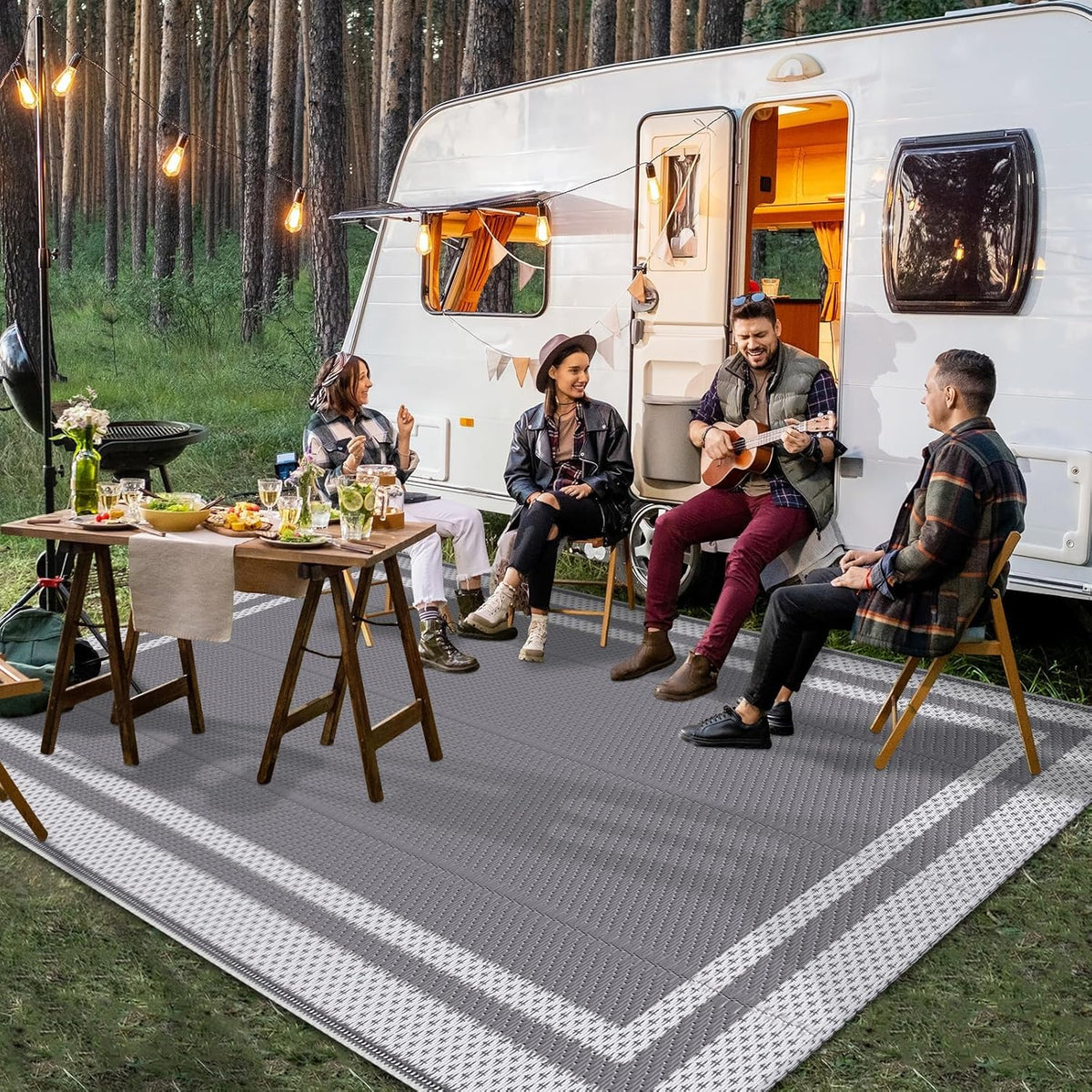 Outdoor Rug Portable Plastic Straw Camping Rugs for Outside RV | Large Reversible Waterproof Outdoor Area Rugs for Patio,Deck,Porch,Balcony(5'x 8',White&Gray)