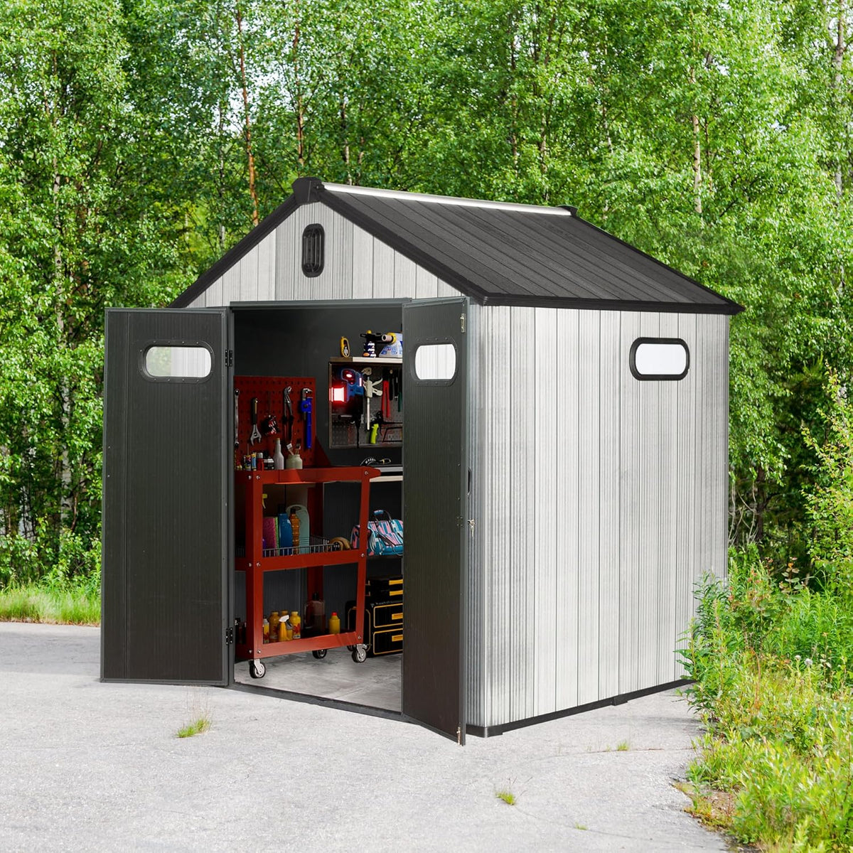 Domi 8x6 FT Outdoor Resin Storage Shed, All-Weather Double-Wall Storage Building for Backyard, Garden, Lawn Tools, Mower, Bike & Pool Equipment, Lockable Doors, Ventilated Roof, Grey
