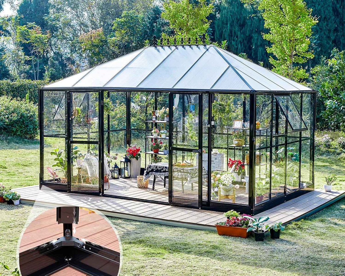 AMERLIFE 14x9.5x9 FT Hybrid Polycarbonate Greenhouse Quick Connector Fast Assembly, Swing 2 Doors Clear Panels, Walk-in Large Aluminum Greenhouse for Outdoors, Black