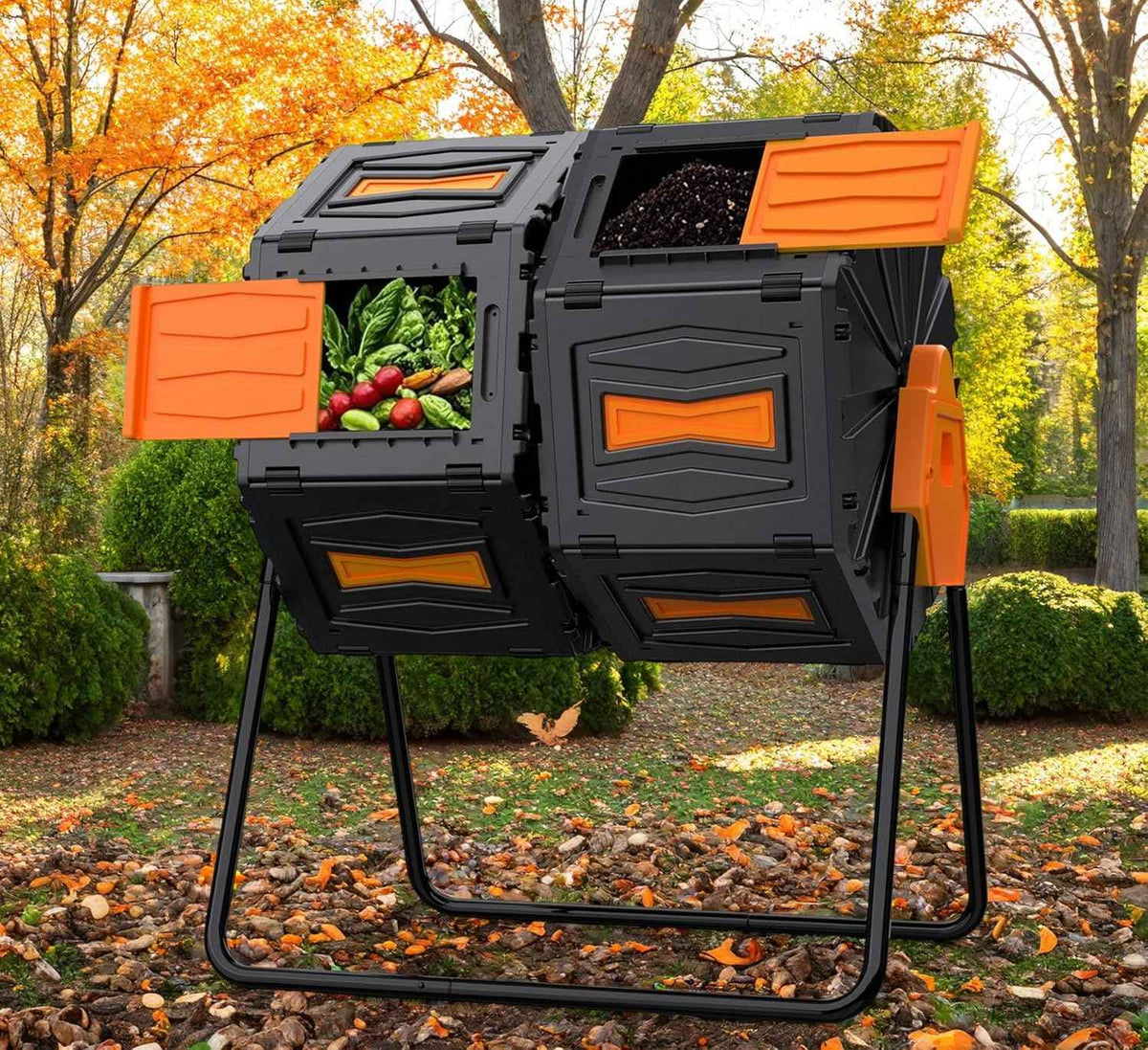 Compost Bin, 45 Gallon Dual Chamber Composter Tumbler, 360 Rotating Compost Bin Outdoor BPA-Free Fast-Working Tumbling Compost Barrel, Large Composting Bin Kitchen Garden Compost Tumbler