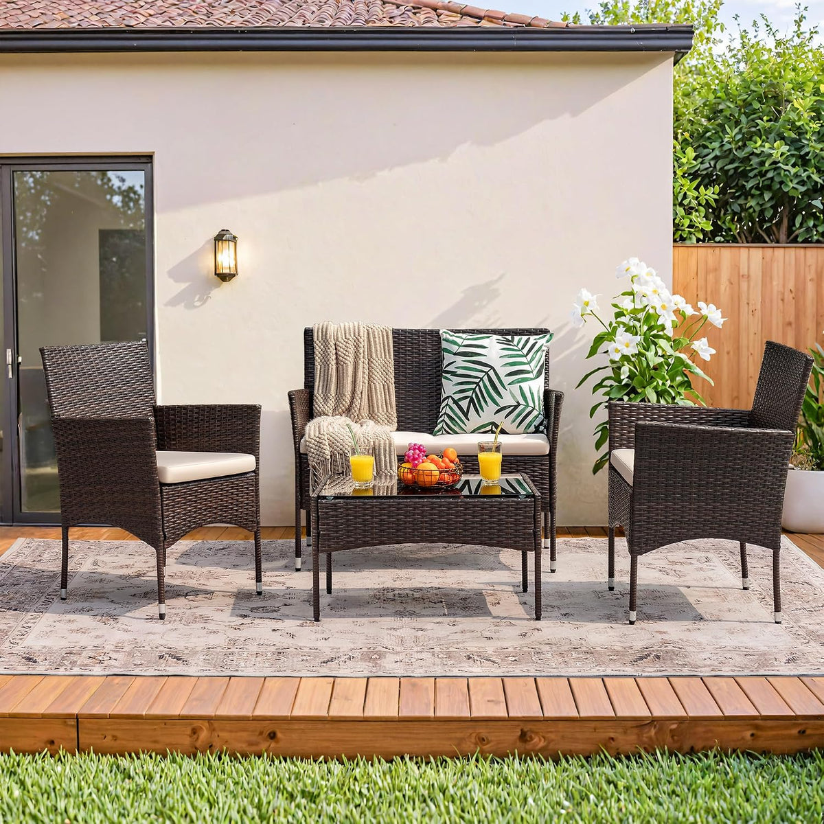 Homall 4 Pieces Outdoor Patio Furniture Set, Rattan Chairs, Brown &