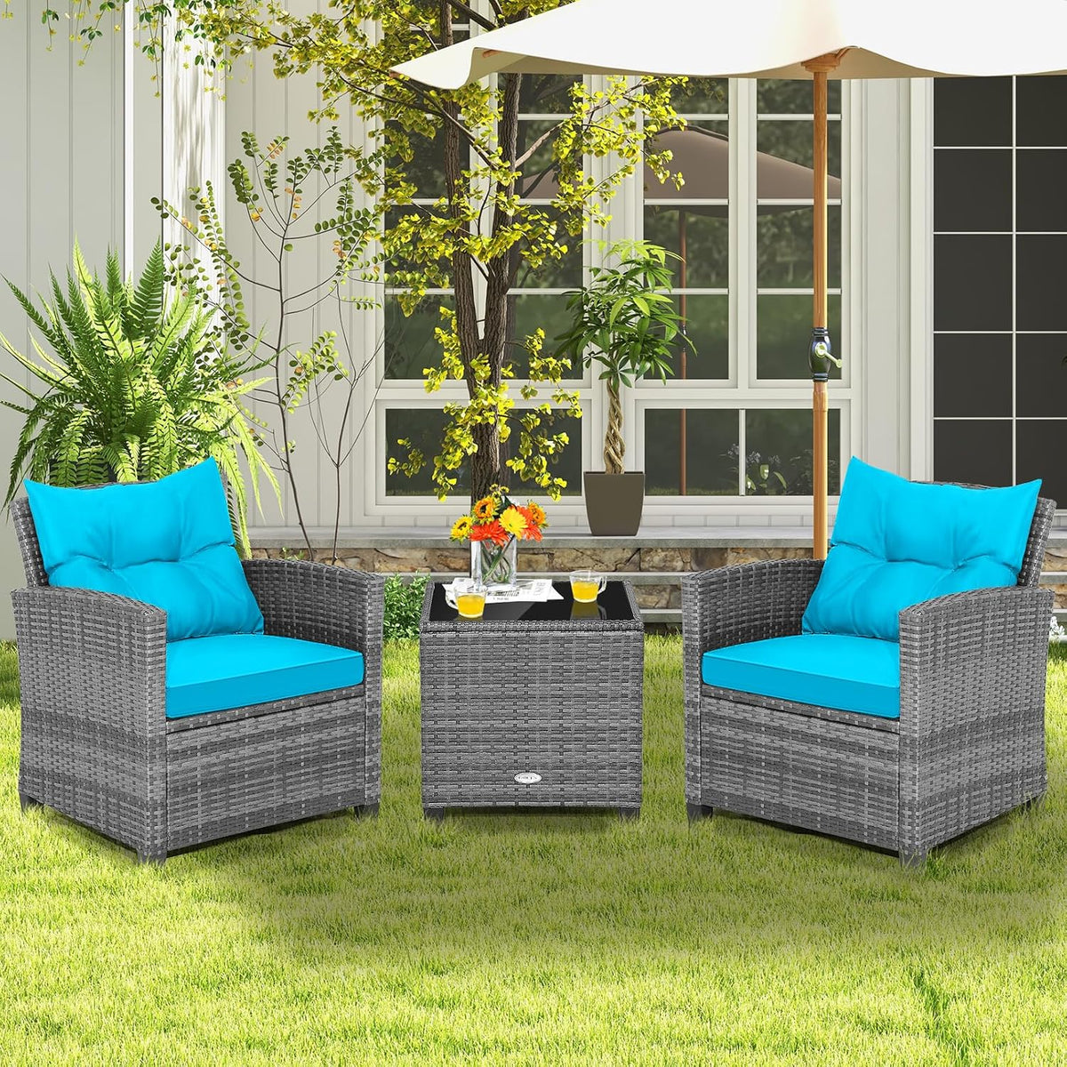 Tangkula 3 Pieces Patio Furniture Set, Outdoor PE Rattan Conversation