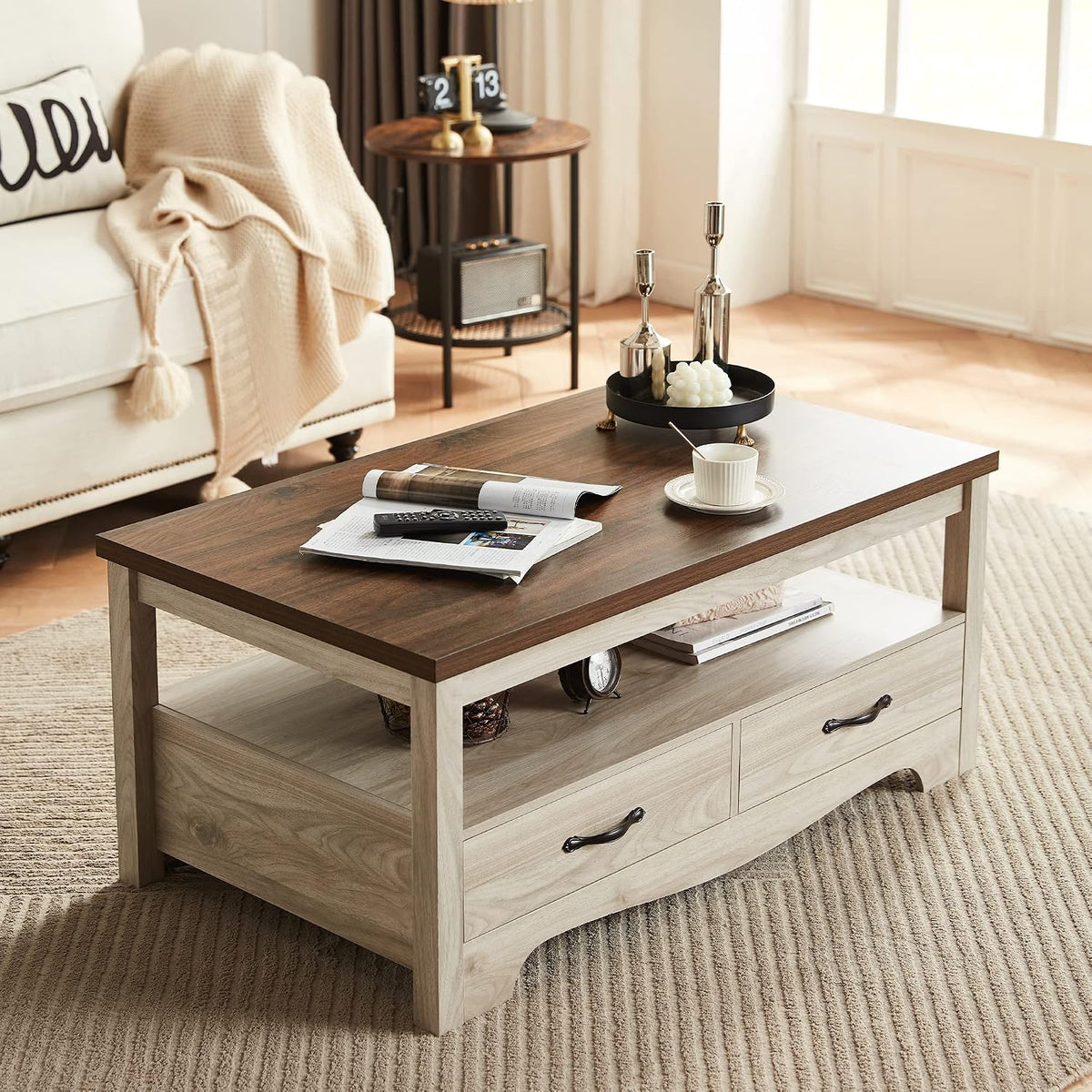 LINSY HOME Farmhouse Coffee Table with Storage, Oak and Brown