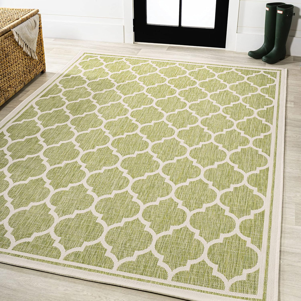 Eyely BMS109G-5 Santa Monica Trebol Moroccan Trellis Textured Weave Indoor/Outdoor Area Rug Coastal;Bohemian, Bedroom, Backyard, Patio, Easy-Cleaning, Non-Shedding, 5 X 8, Green/Cream