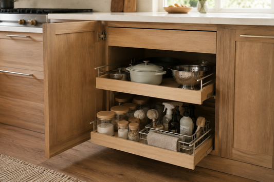 Deep kitchen cabinet with pull-out shelves organizing cookware and pantry jars