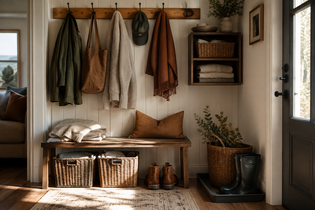 Autumn entryway drop zone with hooks, baskets, and organized everyday essentials