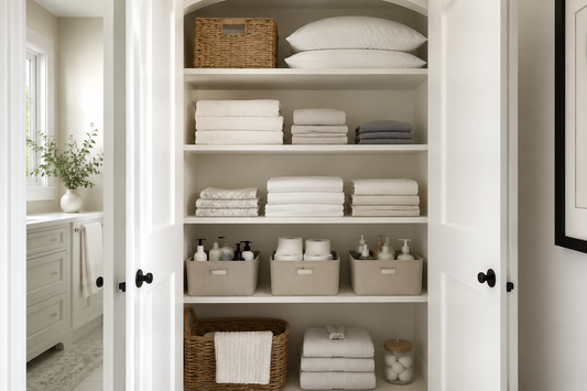Organized linen closet with folded towels, bedding, and guest supplies