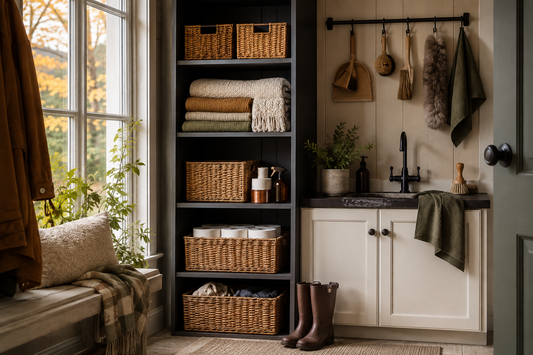 Orderly home utility zone with cleaning tools and supplies arranged for fall