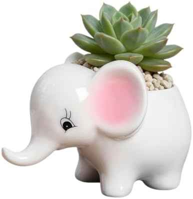 Cute Animal Elephant Shaped Ceramic Succulent Cactus Air Plant Flower Pots Planters-Plant Not Included (Pink&White)