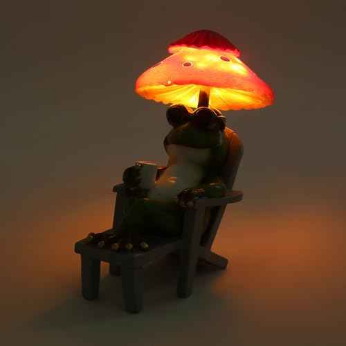 Little Frog Garden Statue with mini Patio Mushroom Solar Lights Outdoor Figurines Halloween Home Decor Fairy Garden Accessories Small Lawn Ornaments 4.5"x4.5"x2.6"