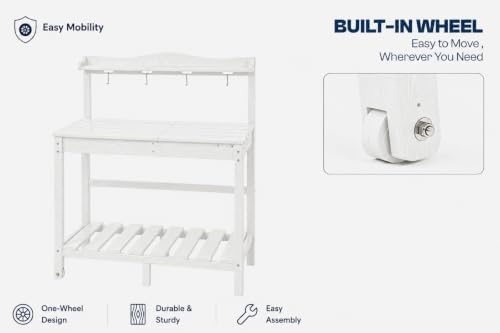 All-Weather HDPE Outdoor Potting Bench with Removable Sink, Expandable Gardening Work Station with Sliding Tabletop, Built-in Wheels, Heavy Duty Planting Table for Outside Patio, White