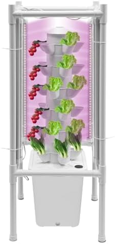 Hydroponic Tower Growing System Kits with LED Grow Lights 30 Pods Indoor Vertical Planter Germination Kit 6 Layers Hydroponic Tower for Fruits, Vegetables, Herbs, and Miniature Greens (White)