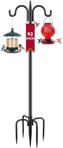 Gtongoko Bird Feeder Pole for Outdoors Heavy Duty, 92 Inch Double Shepherds Hook with 5-Prong Stable Base, 3/4 Inch Thick Hummingbird Feeder Stand for Hanging Plants, Lanterns, 1 Pack