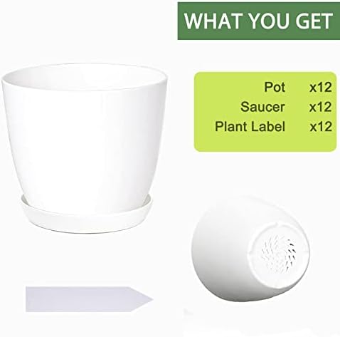 SwinDuck Plant Pots, 12 Pack 6 inch Modern Plastic Planters with Drainage Holes and Saucers for Indoor Outdoor Plants and Flowers, White