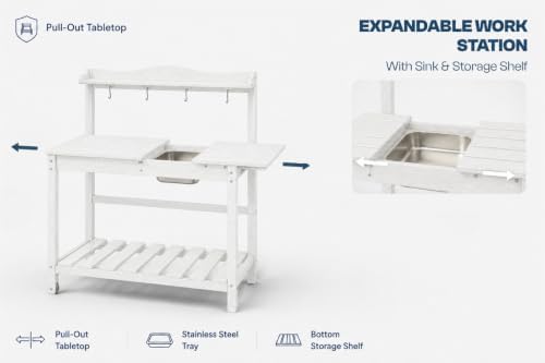 All-Weather HDPE Outdoor Potting Bench with Removable Sink, Expandable Gardening Work Station with Sliding Tabletop, Built-in Wheels, Heavy Duty Planting Table for Outside Patio, White