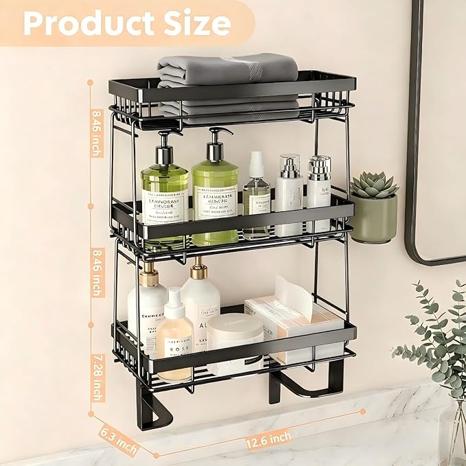 Over-the-Toilet Storage Rack – 3-Tier Shelf with Hooks