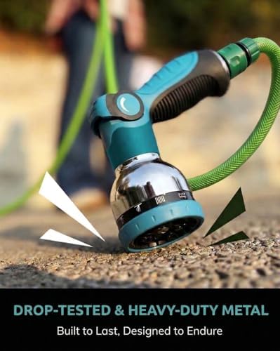 Garden Hose Nozzle Heavy Duty, Metal Water Hose Sprayer with 10 Adjustable Spray Patterns, Thumb Control On Off Valve, High Pressure Hose Nozzle for Watering, Cleaning, Car Washing & Pet Shower