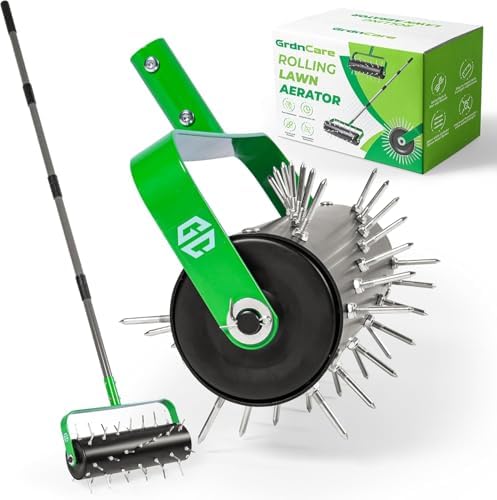 Manual Lawn Aerator Roller Tool 42 Steel Spikes, 57-in Rolling Lawn Aerator